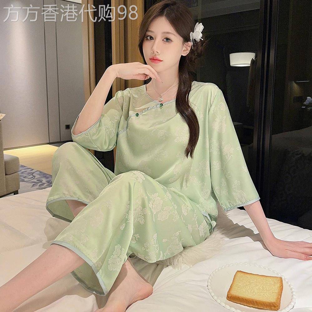 班奈悦新中式国风冰丝套头睡衣女夏季新款可外穿半袖八分裤家居服