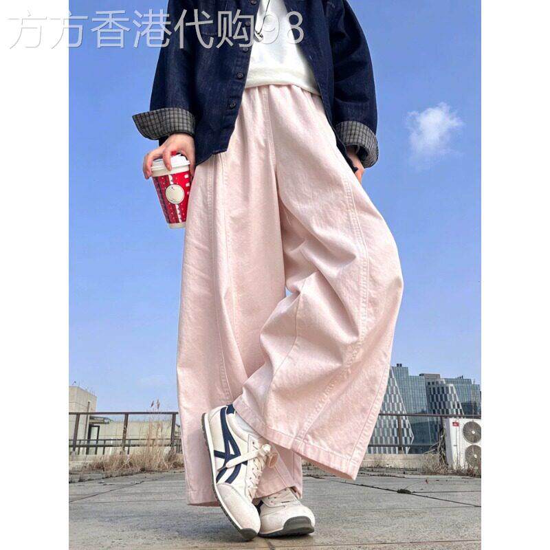日系粉色阔腿工装裤女2026夏季新款高腰显瘦宽松小个子休闲弯刀裤
