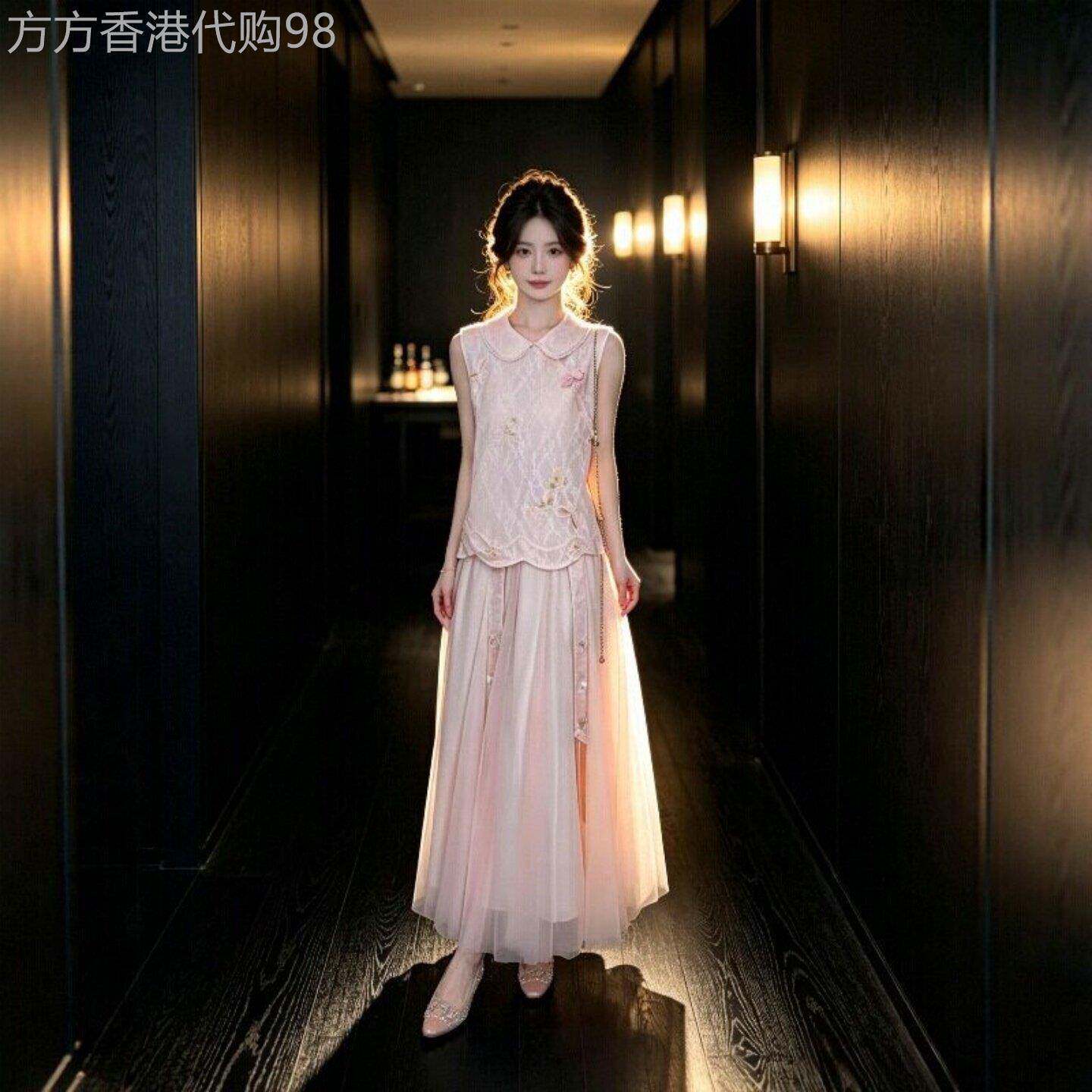 新中式国风套装女夏季2026新款粉色刺绣马甲上衣网纱半身裙两件套