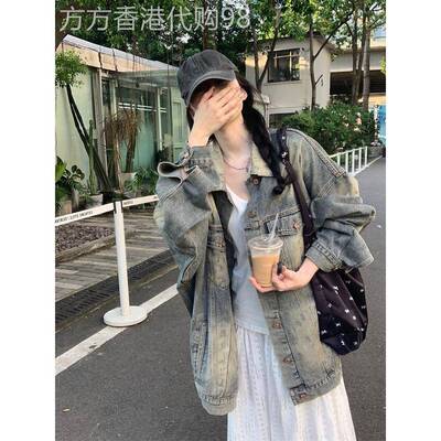 高街美国覆古水洗苦恼牛仔夹克女子春秋季欧洲宽松中长夹克上衣