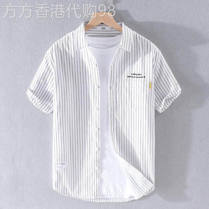 香港纯棉条纹衬衫短袖男士宽松薄款透气休闲日系文艺百搭青年衬衫