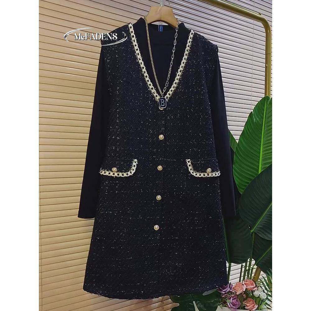 香港春新款马甲裙大码女装小香风洋气V领冬季连衣裙打底显瘦套装