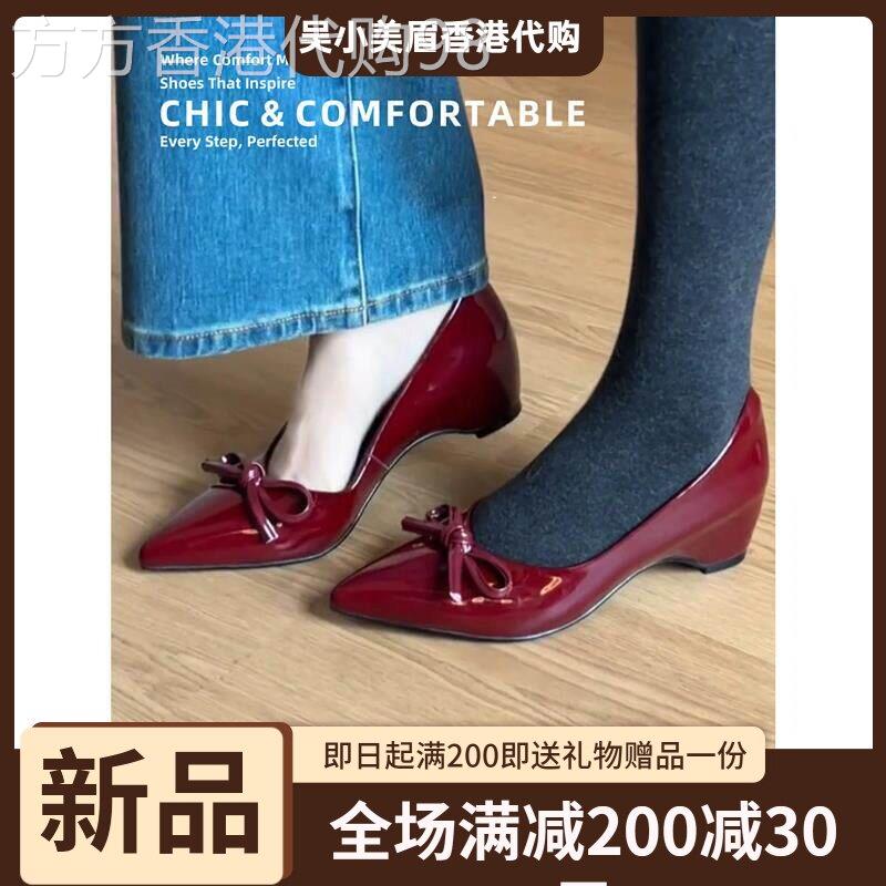 香港内增高浅口单鞋女2026夏季新款法式尖头蝴蝶结漆皮通勤高跟鞋