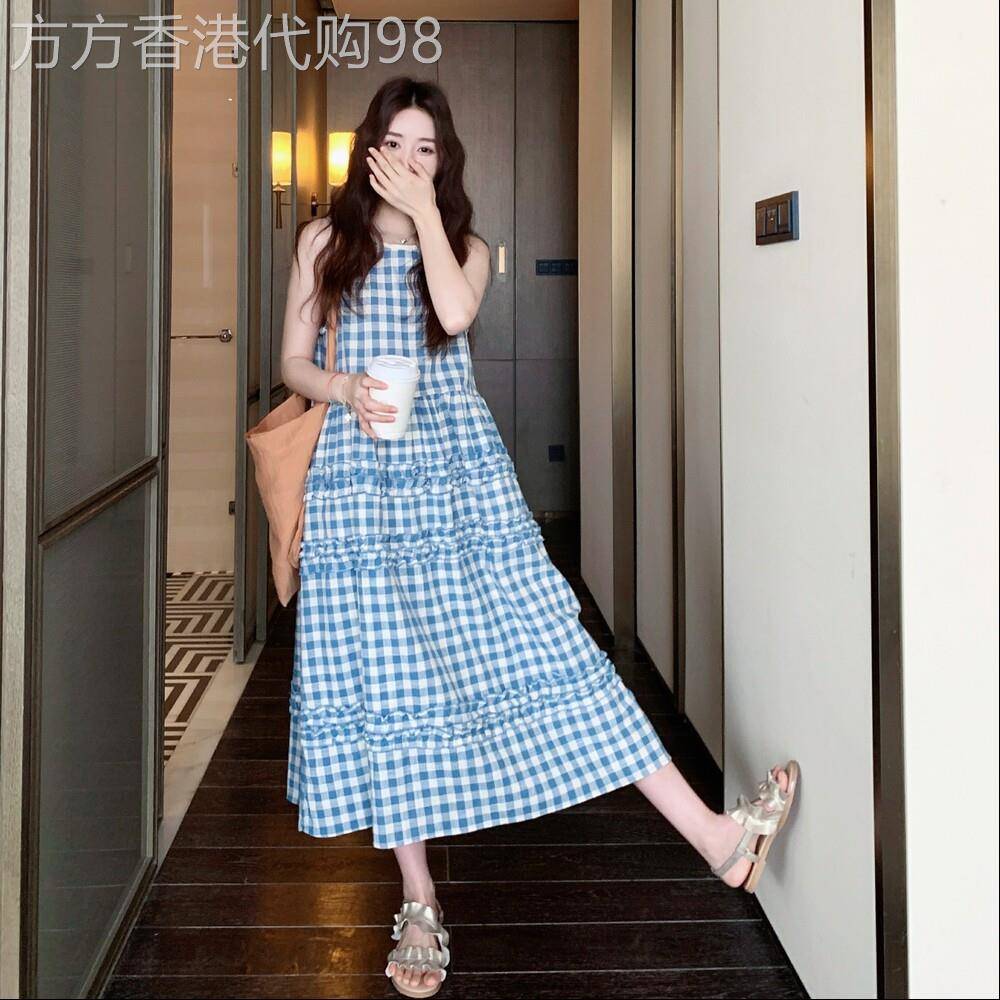 夏2026新款法式复古学院风小个子洋装圆领蓝白格子无袖蛋糕裙女