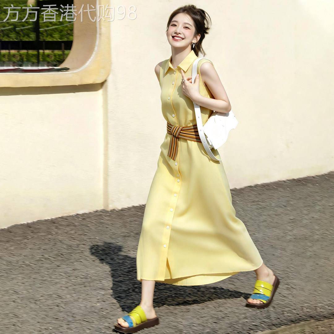 法式气质黄色背心衬衫式洋装女2026春季新款独特超好看无袖长裙子