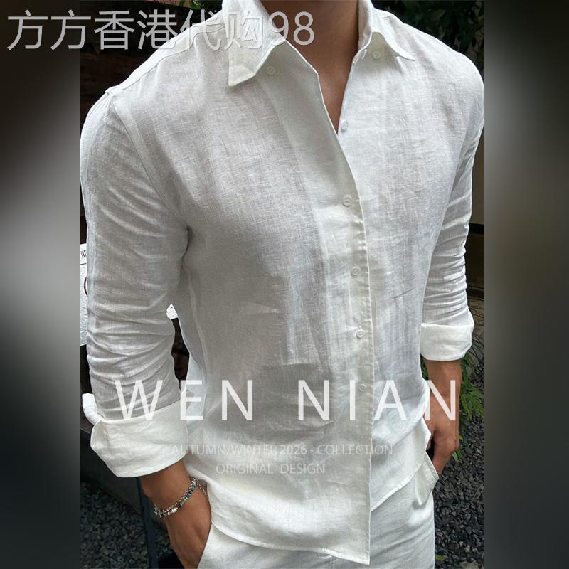 韩国WEN NIAN老钱风亚麻衬衫男2026春季薄款防晒冰丝长袖衬衫外套