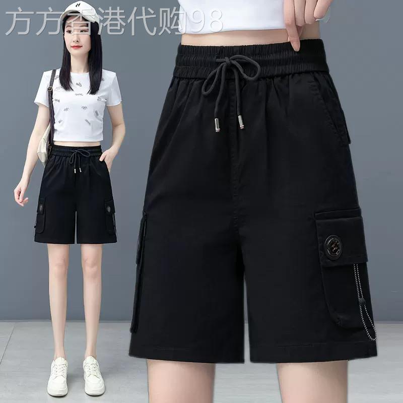 黑色工装五分短裤女士2026夏季薄款松紧腰显瘦大口袋休闲阔腿五分