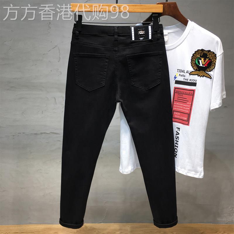夏天黑色九分牛仔裤男薄款潮流百搭修身烟管裤夏季帅气弹力长裤子