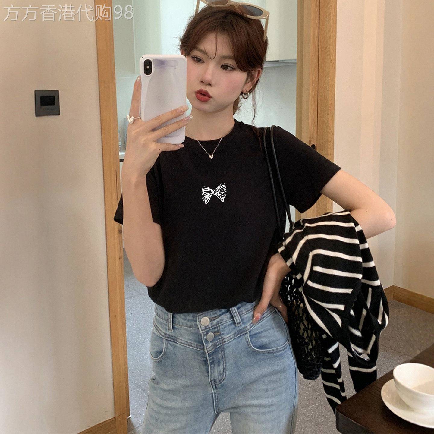 韩版黑色蝴蝶结短袖t恤女夏季2025爆款百搭宽松显瘦纯棉正肩上衣