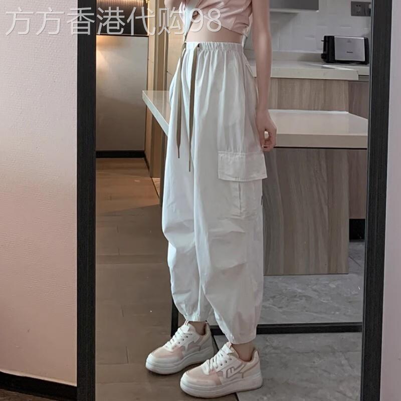 美式白色工装裤女夏季薄款小个子休闲宽松显瘦束脚哈伦九分运动裤