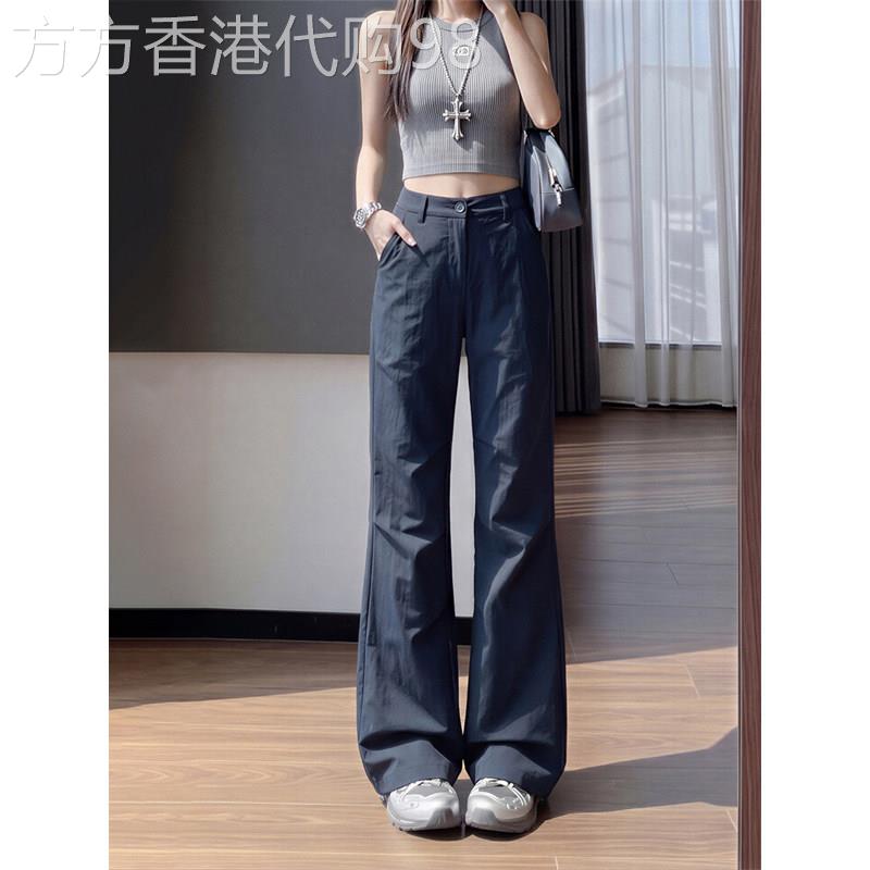 藏青色速干工装微喇阔腿裤女夏季薄款直筒休闲小个子冰丝喇叭长裤