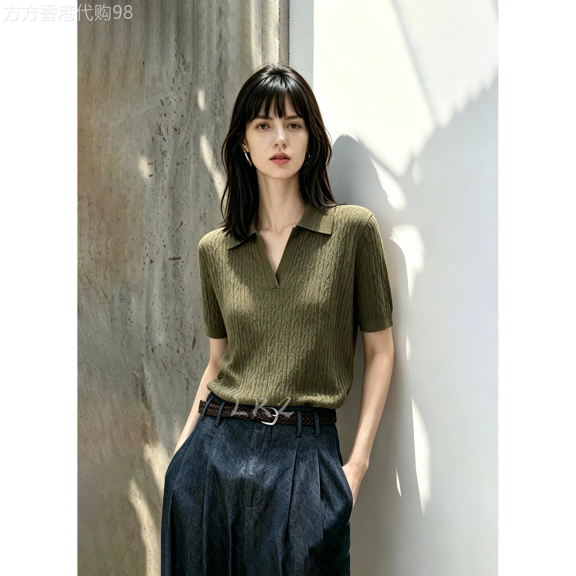 法式V领绞花纹理设计军绿色针织T恤女夏季新款显瘦修身短袖上衣
