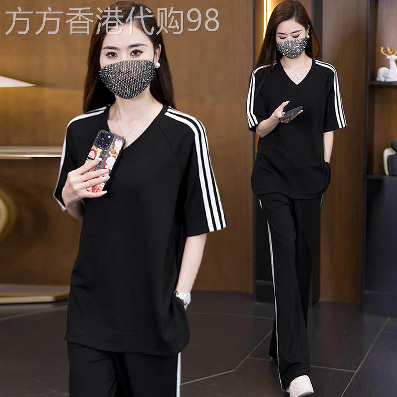 休闲运动服套装女夏季新款宽松简约大码胖MM短袖长裤时尚两件套潮