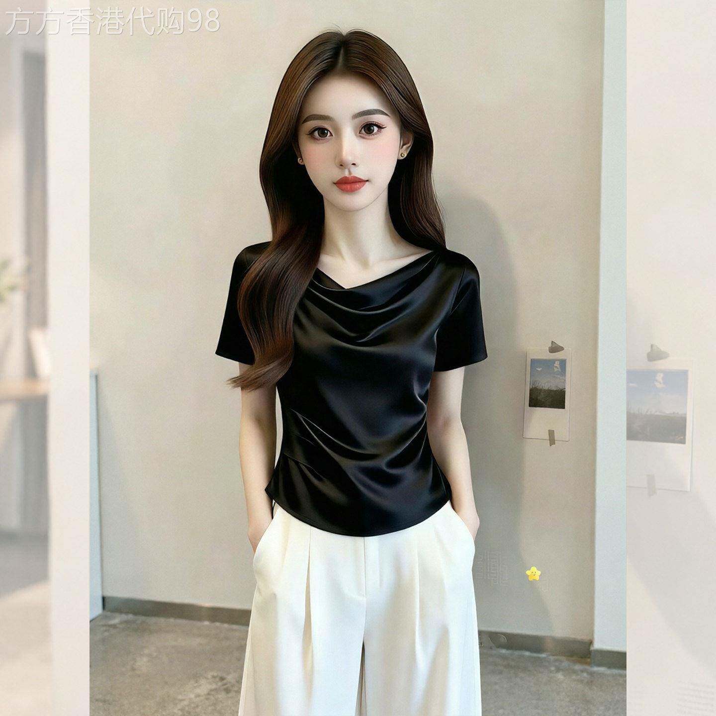 黑色缎面垂折领短袖t恤女新款夏薄款显瘦气质通勤御姐轻熟绝美上
