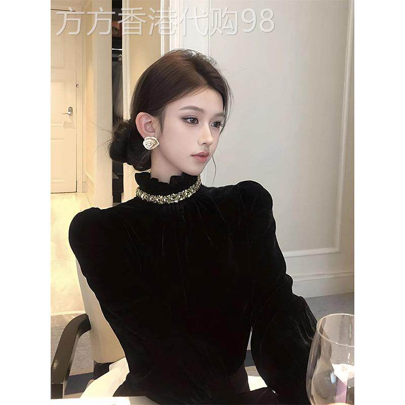 黑色半高领木耳边长袖丝绒衬衫女秋冬欧货时尚收腰修身内搭上衣