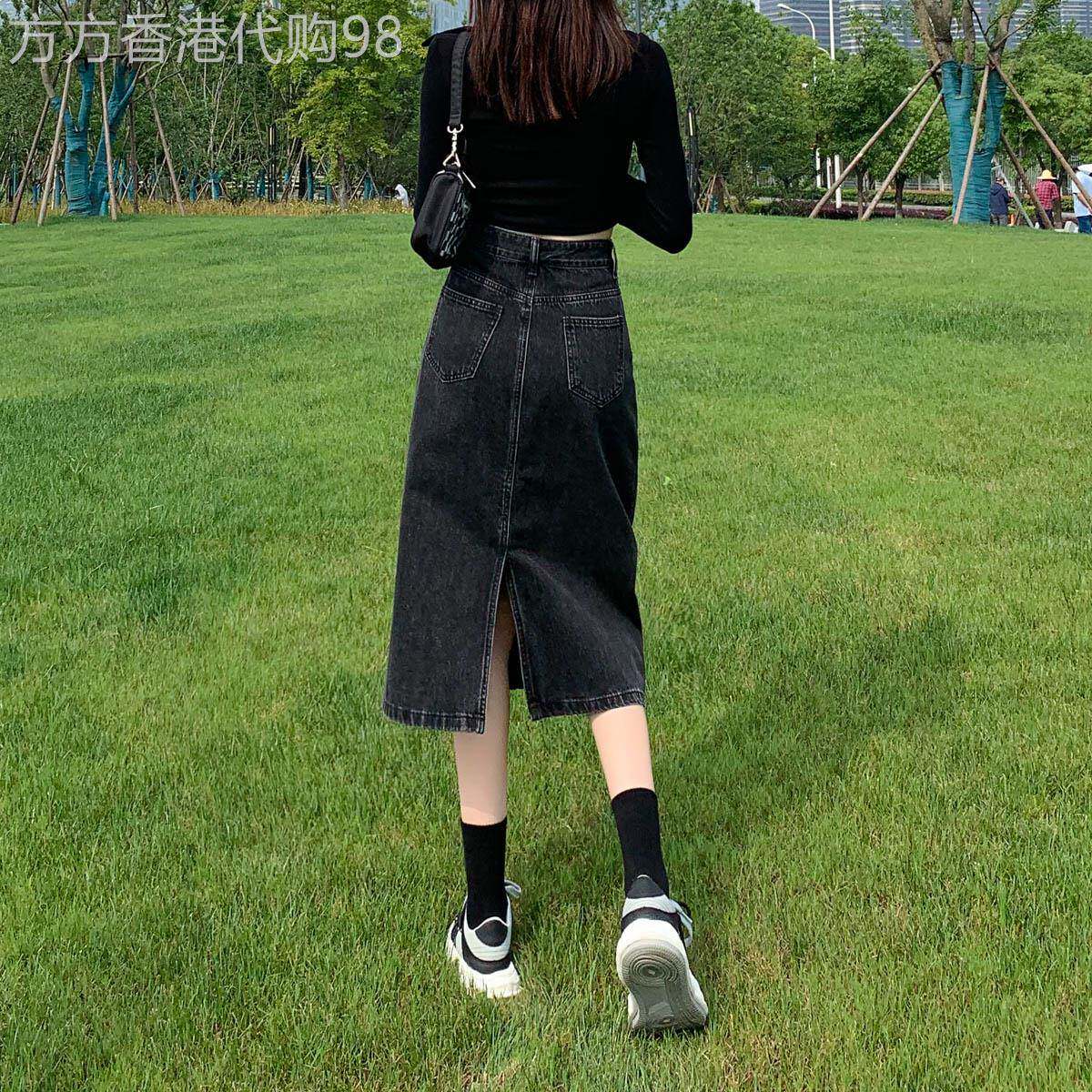 黑色中长款牛仔半身裙女2025年春秋新款小个子高腰显瘦a字包臀裙