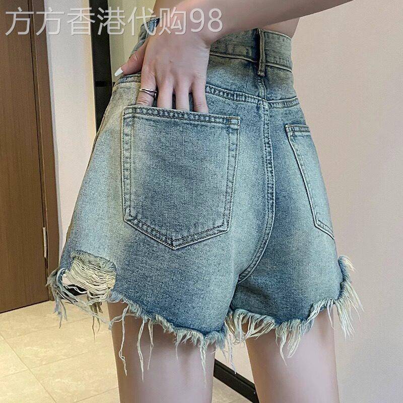 破洞牛仔短裤女夏季薄款2026新款高腰a字显瘦小个子毛边阔腿热裤