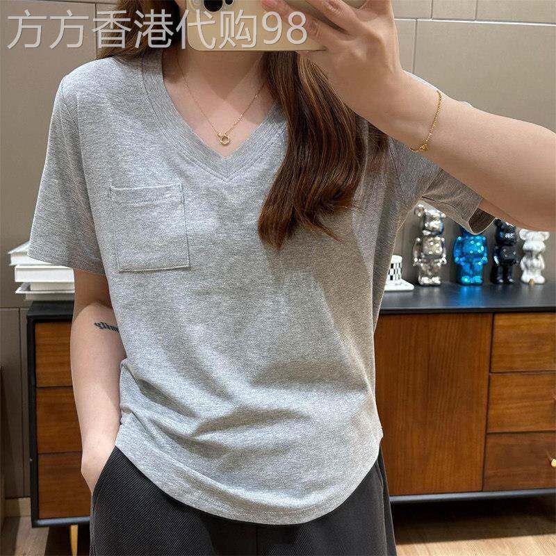 灰色V领短袖t恤女夏季薄款宽松显瘦大尺码T恤百搭洋派纯色口袋上
