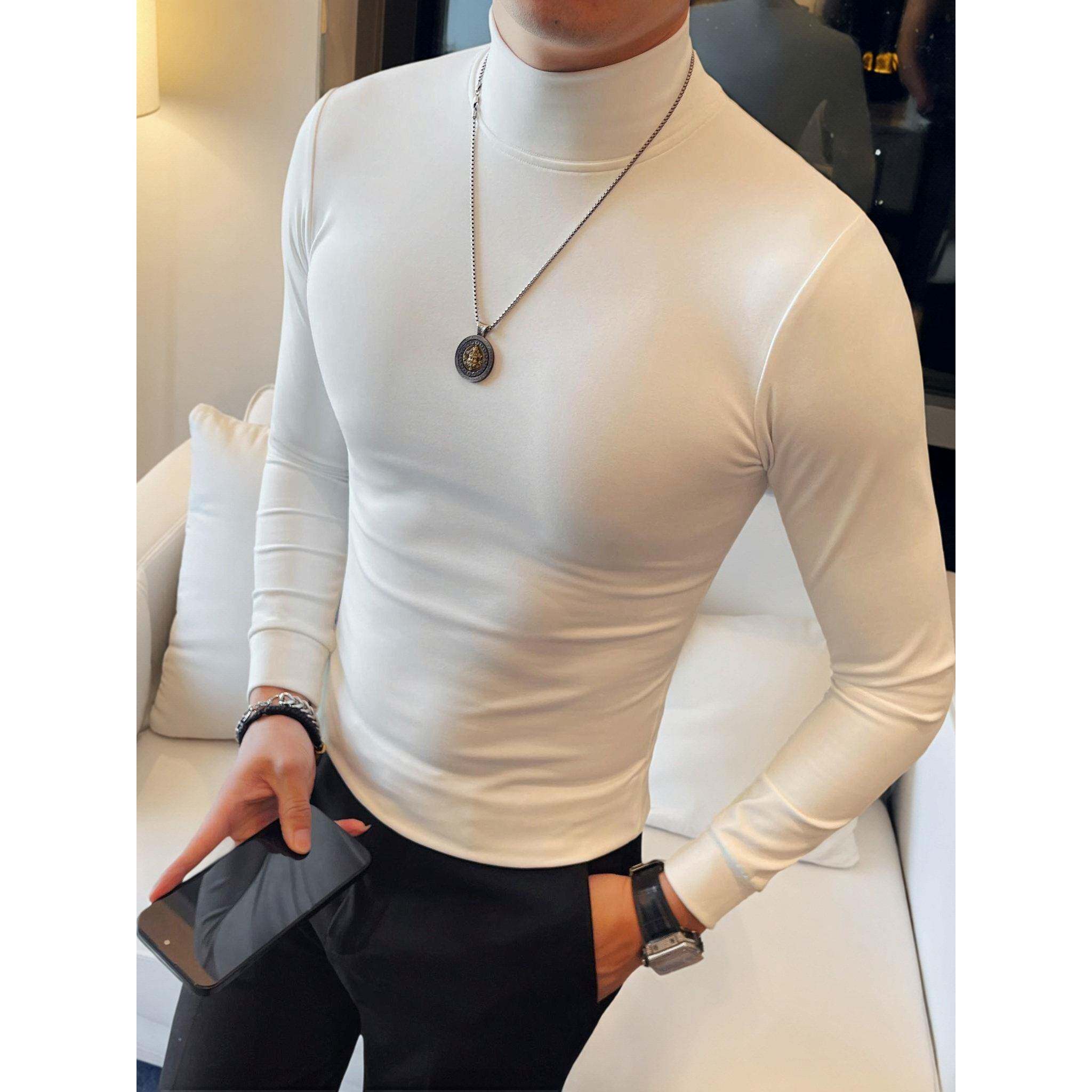 高级感半高领打底衫男士秋冬季新款百搭修身纯色长袖T恤上衣男款