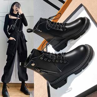 香港真皮靴女式内增高春秋季单靴英伦风格2025新款厚底流行短靴