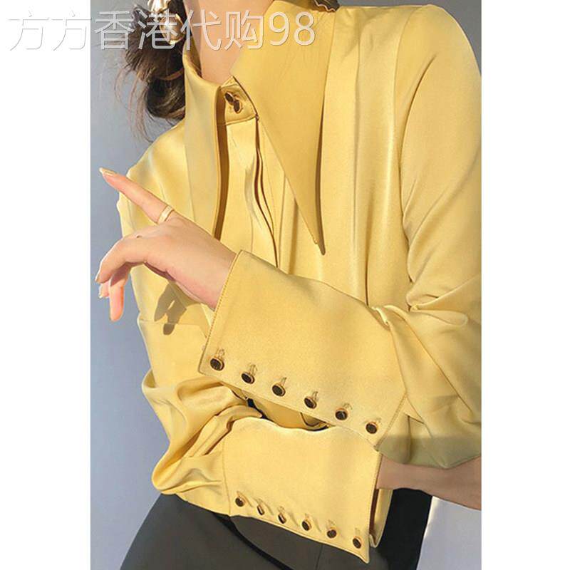 大尖领黄色衬衫女春秋新款欧货高端缎面洋气上衣宽松显瘦通勤衬衣