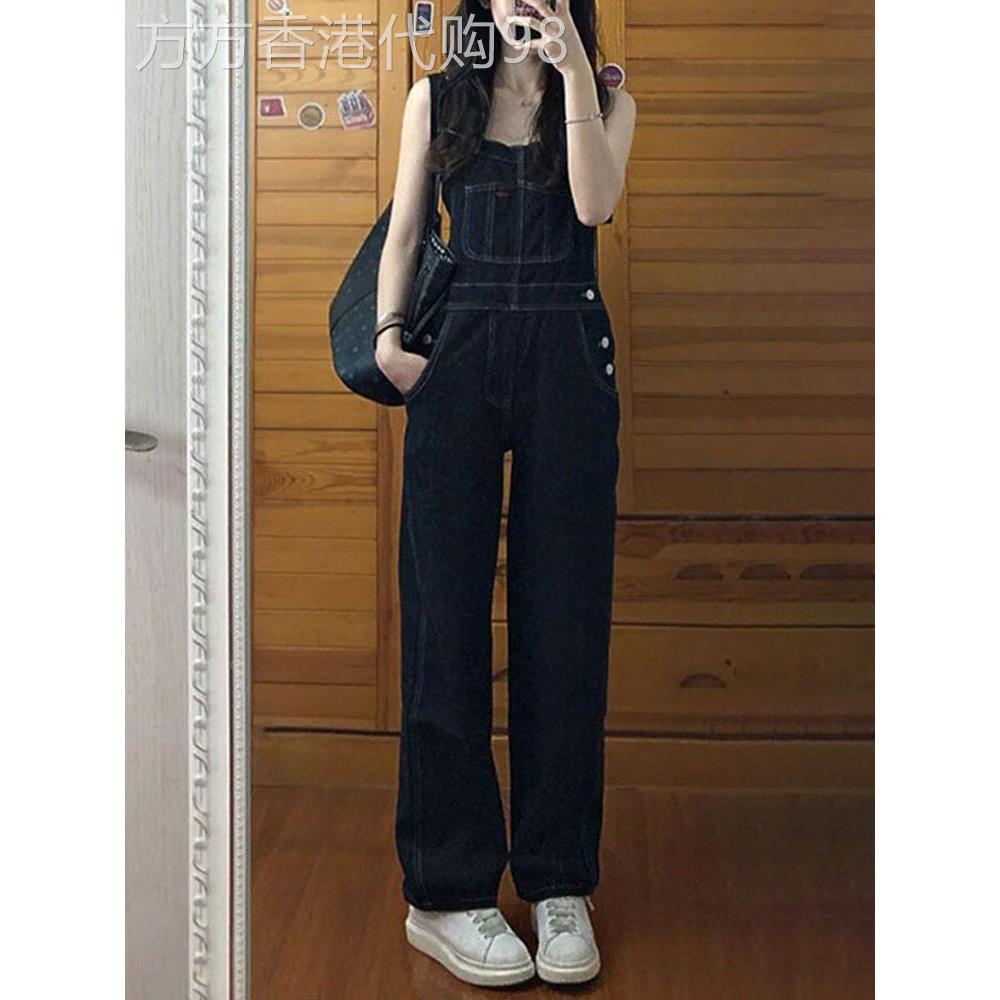 黑色盐系背带裤女2026年夏季新款小个子设计感高腰连体阔腿牛仔裤