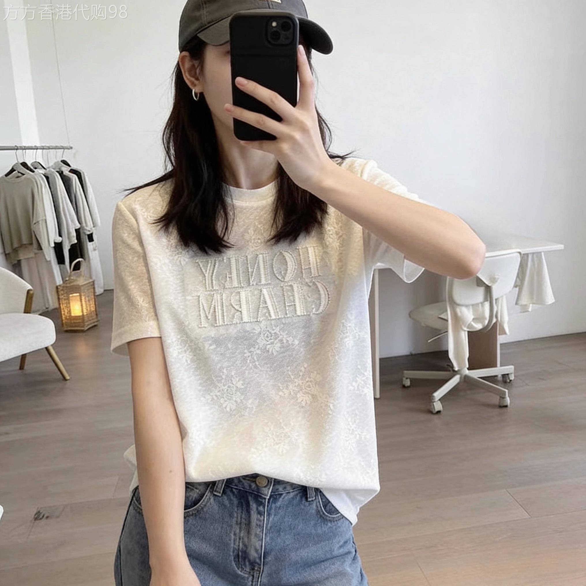 刺绣白色字母短袖T恤女夏2026新款正肩宽松休闲百搭时尚洋派上衣