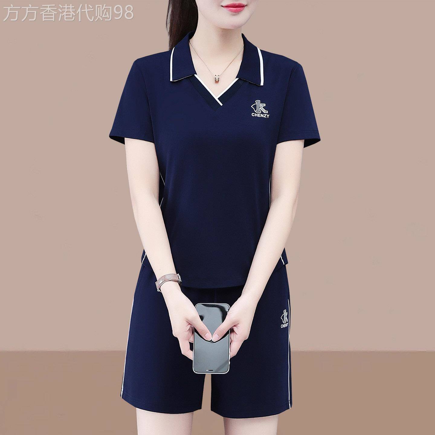 夏季薄款冰丝运动套装女2026新款中年妈妈休闲翻领短袖短裤两件套