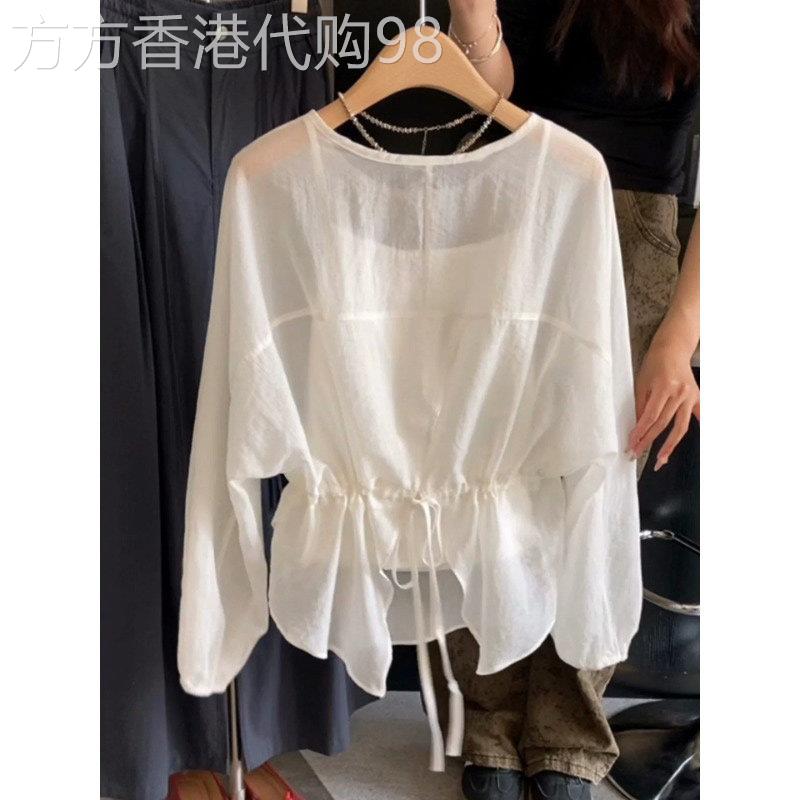 白色圆领冰丝薄款微透防晒罩衫女士2026夏季新款抽绳收腰长袖衬衫