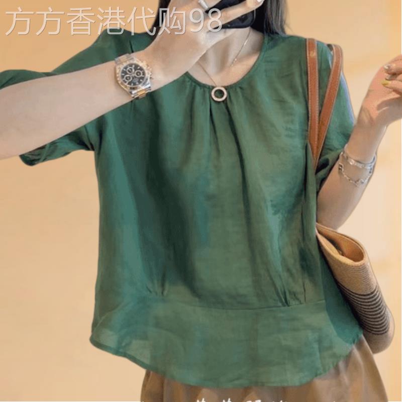 棉麻短袖衬衫女夏季2026新款设计感小众宽松显瘦圆领亚麻短款上衣