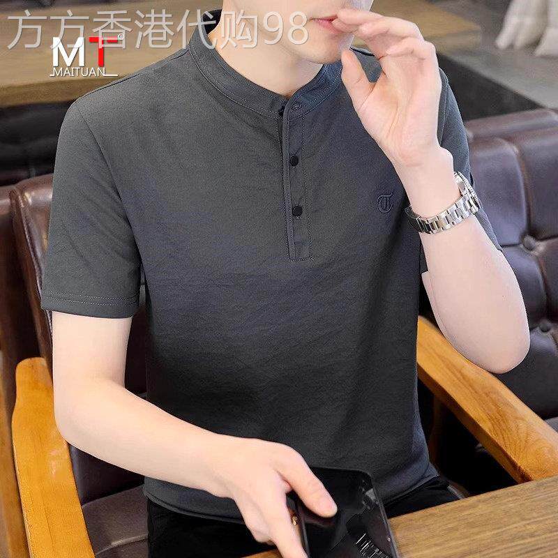 高端亚麻短袖t恤男士polo衫夏季2026年新款立领棉麻休闲上衣男款图片