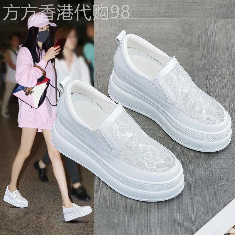 夏款透气蕾丝网面内增高女鞋小白鞋子厚底松糕鞋一脚蹬渔夫鞋百搭