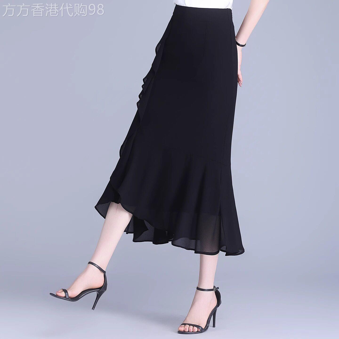 雪纺半身裙女2026夏季新款高腰显瘦荷叶边中长款一步包臀鱼尾裙子