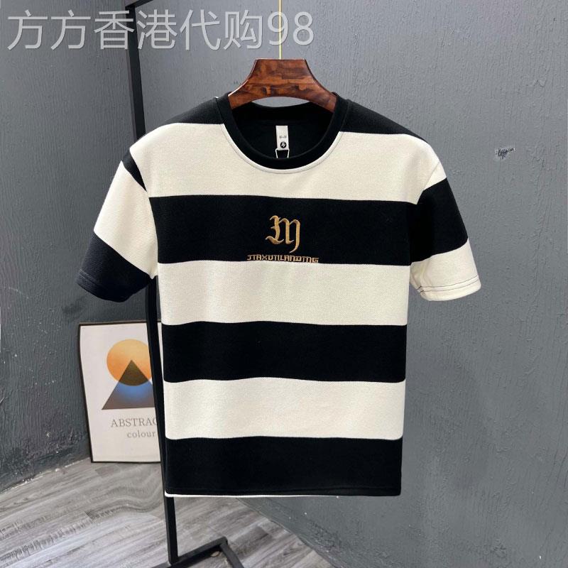 MUSONMU黑白条纹T恤男夏季ins潮牌刺绣半袖T恤2026新款上衣短袖