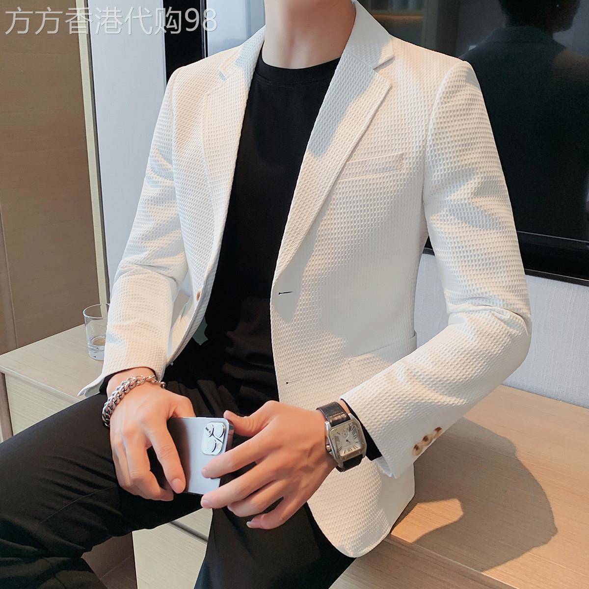 华夫格休闲西装外套男士秋季修身时尚高级感商务职业免熨烫西服套