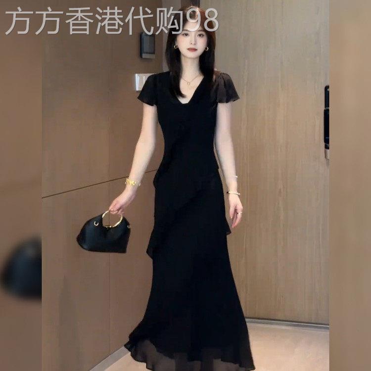 黑色V领荷叶边连衣裙女2026夏季新款收腰显瘦法式雪纺长款蛋糕裙