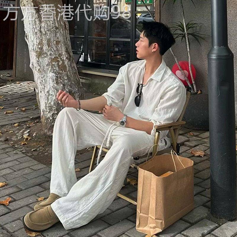 GP极简~老钱风松弛感棉麻套装男夏季防晒长袖衬衫休闲长裤两件套