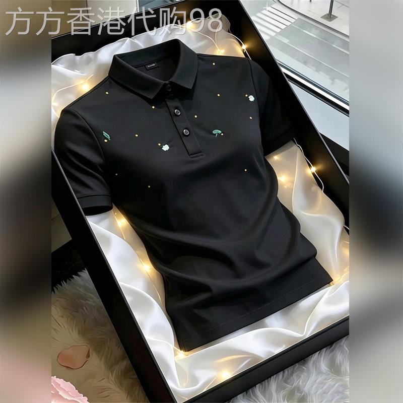轻奢男士修身翻领短袖polo衫夏季休闲碎花刺绣时尚百搭舒适上衣