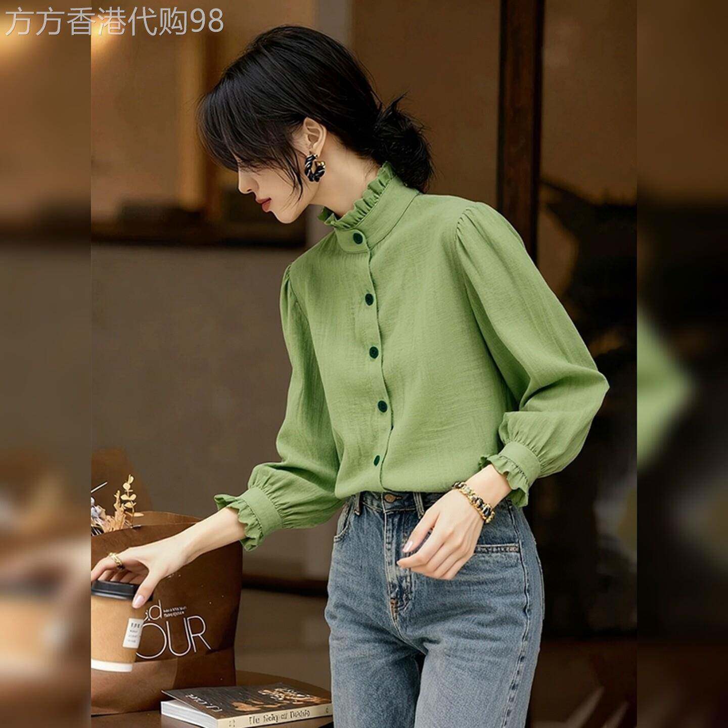 时尚绿色木耳边立领长袖上衣女2026春季新款洋气宽松显瘦减龄衬衫