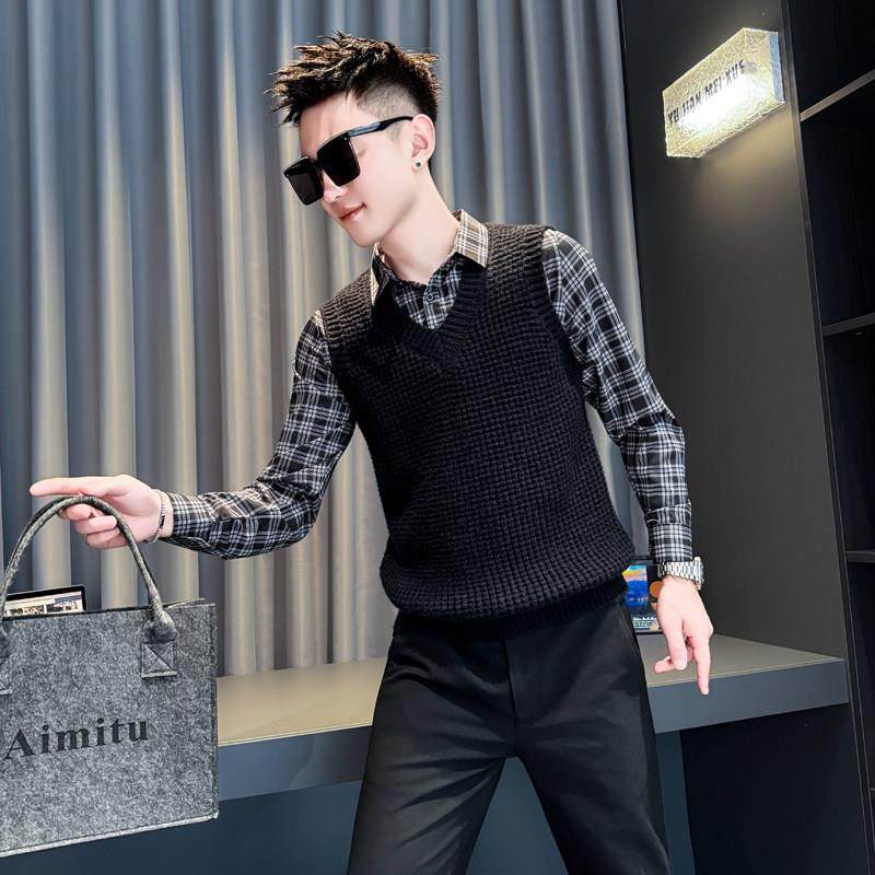 潮流设计感衬衫领假两件毛衣男秋冬季高级个性拼接撞色针织打底衫