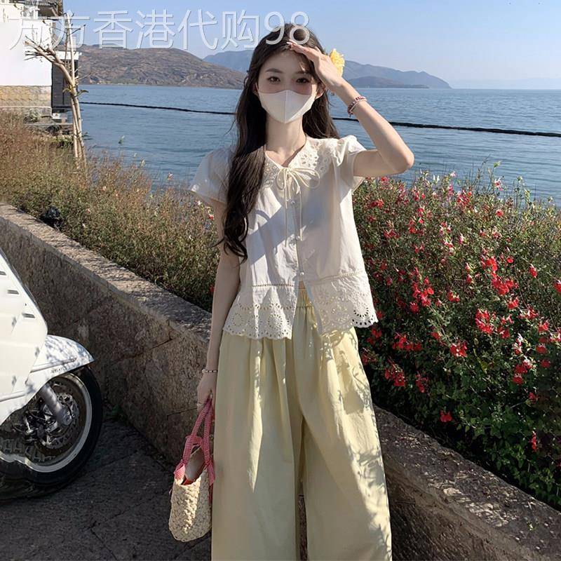英国DHWA田园风森系花边短袖女款夏季宽松阔腿裤两件套装