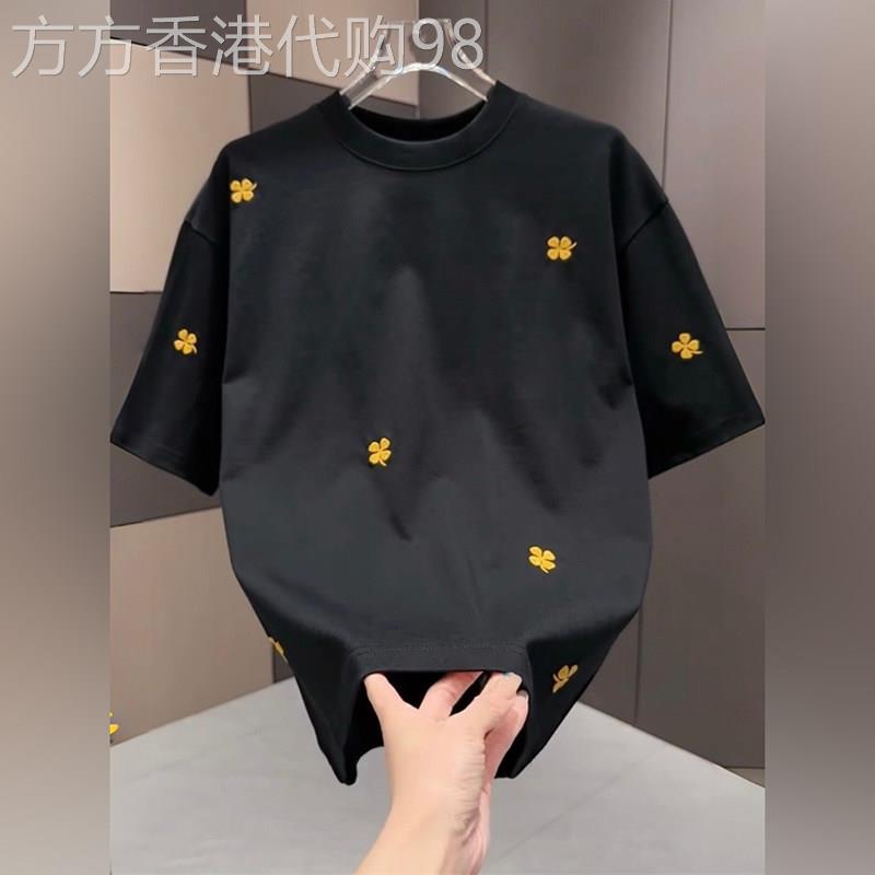 轻奢2026夏季新款重工刺绣幸运草圆领短袖男时尚宽松百搭休闲T恤