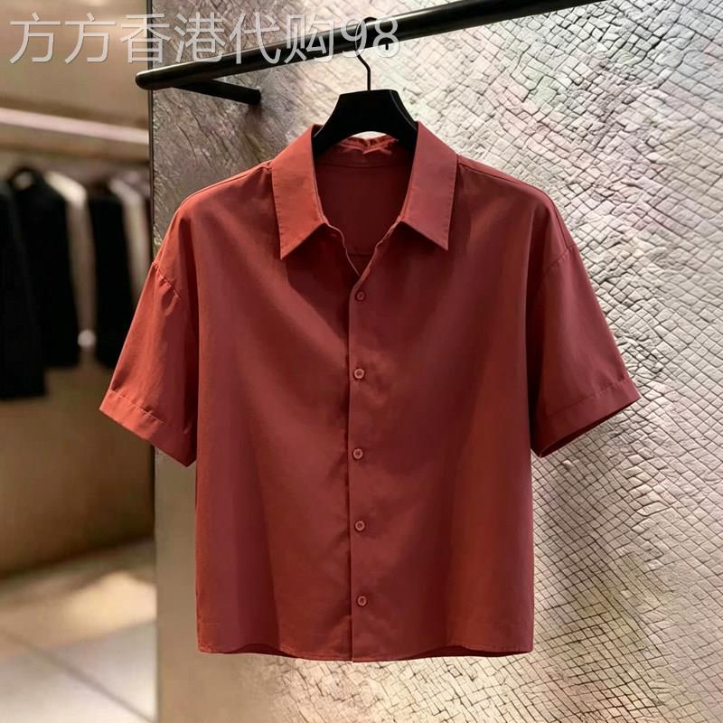 轻熟风红色后背镂空短袖衬衫女2026夏季新款欧货宽松设计感衬衣潮