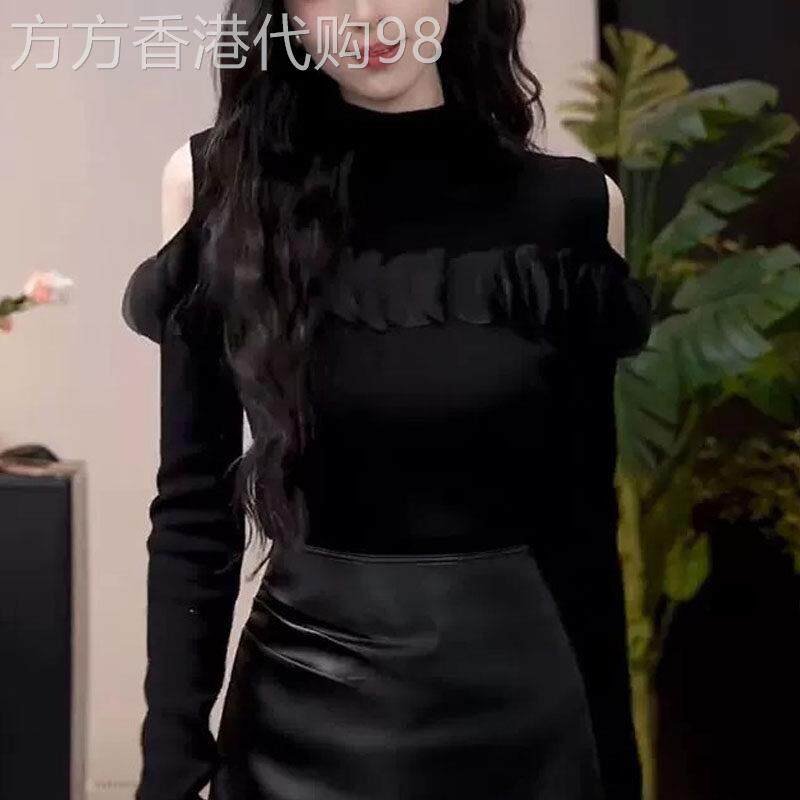 半高领毛衣女内搭洋派秋冬针织衫露肩打底衫荷叶边外穿设计感上衣