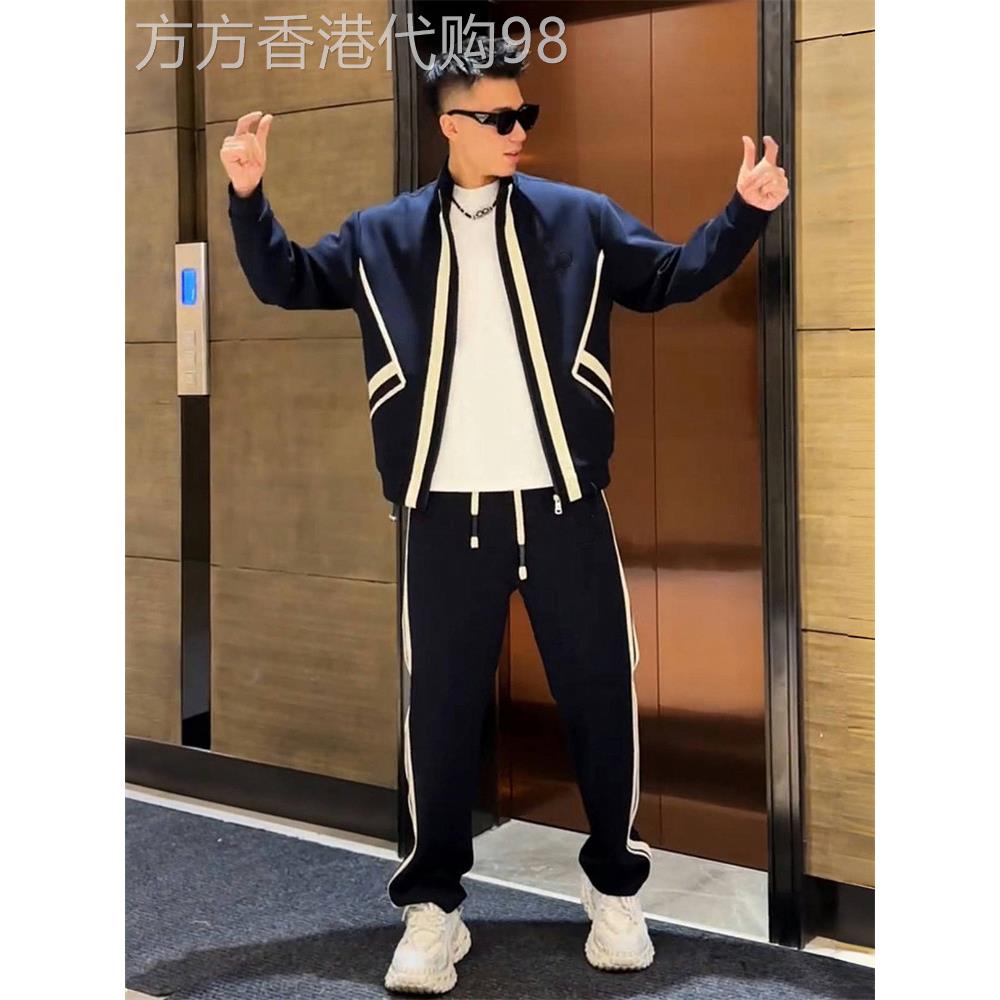潮牌字母条纹休闲运动套装男秋季2025新款宽松开衫外套卫裤两件套
