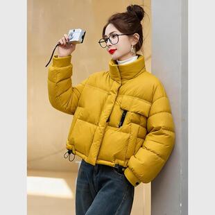 现货！女款冬季小个子韩系超好看洋气独特别致黄色立领短款羽绒服