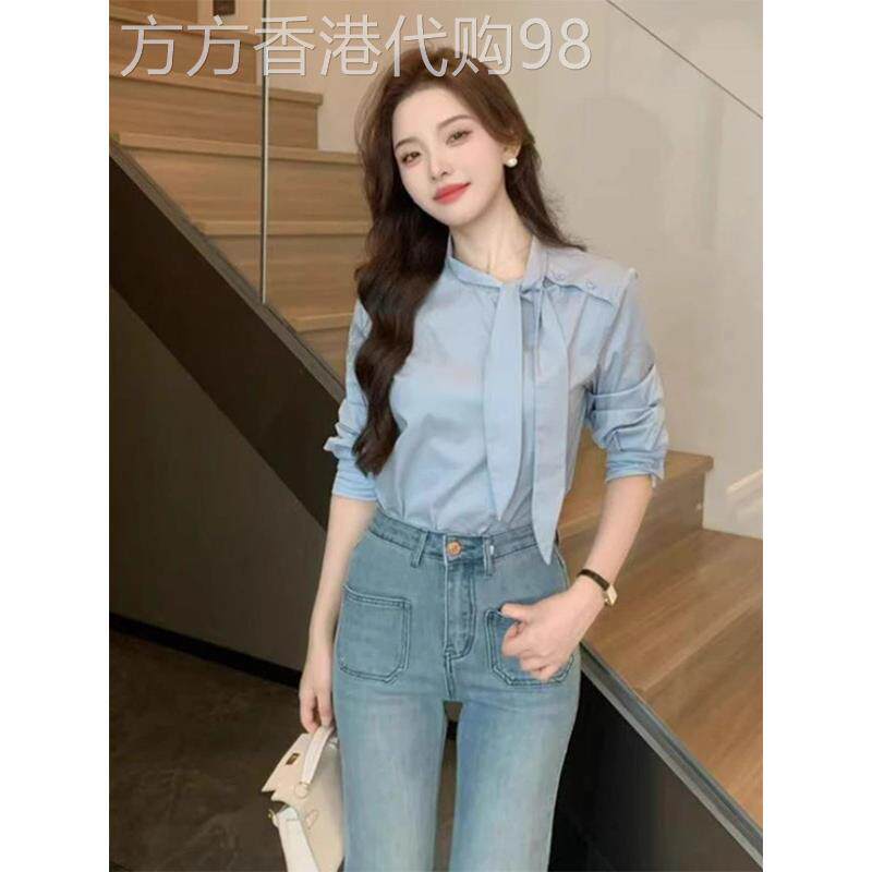蓝色系带飘带长袖衬衫女春秋欧货修身显瘦职业装上衣高级感衬衣