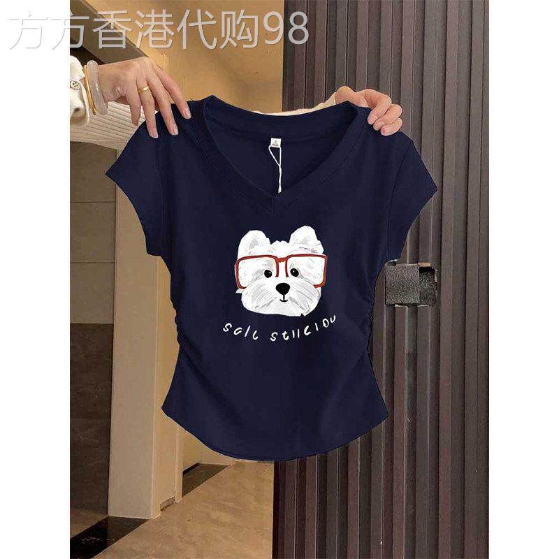 正肩V领收腰短袖女t恤夏新款薄气质小众设计感侧边褶皱藏青色上衣