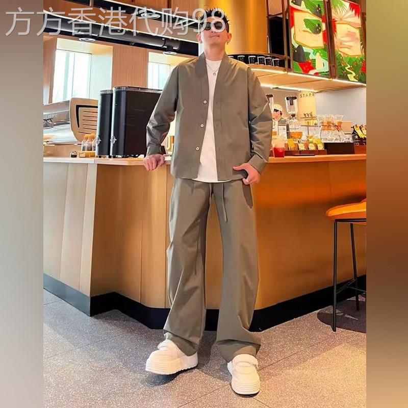 潮牌休闲套装男春秋季2026新款简约纯色百搭V领外套休闲裤两件套