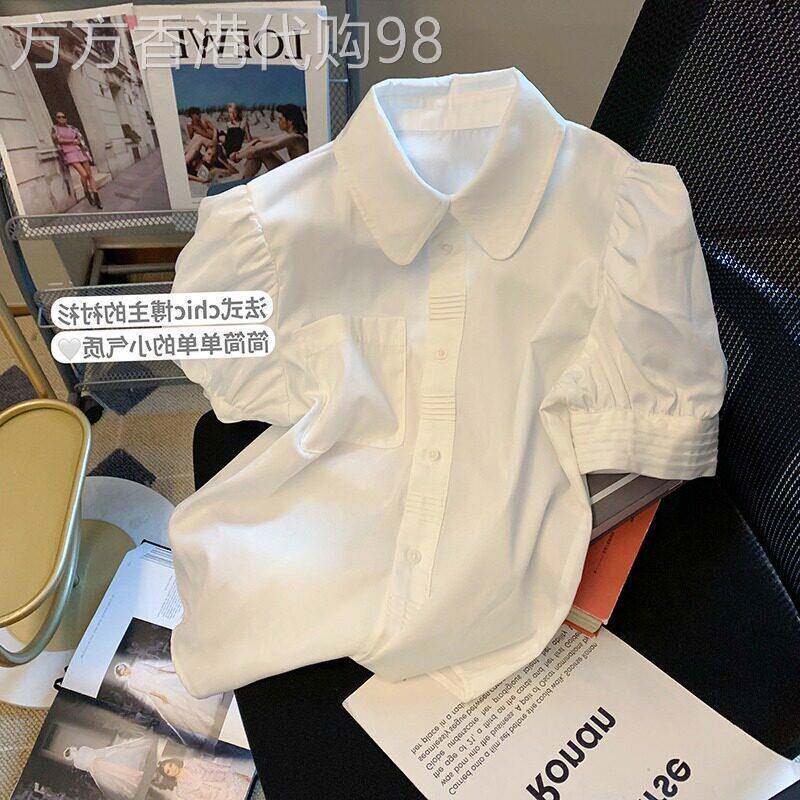 白色衬衫女短袖夏季薄款2026新款设计感小众娃娃领衬衣泡泡袖上衣